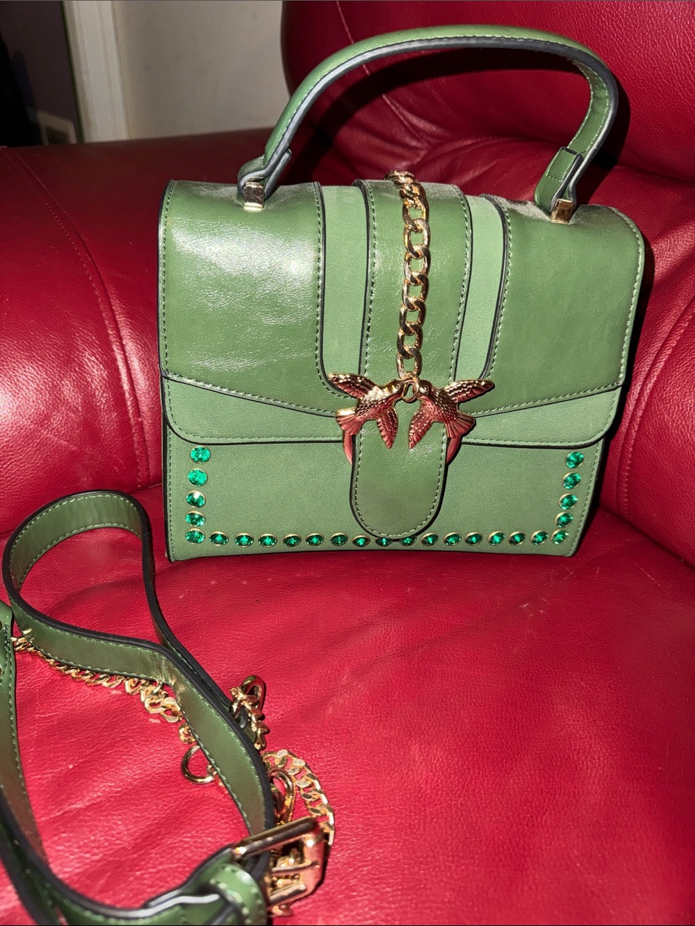 Green Structured Top-Handle Bag with Gold Chain Accent